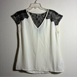 Banana Republic White Blouse with Black Lace Accents
